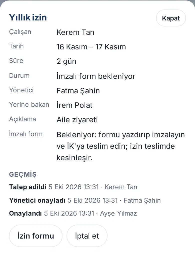 Talep ayrıntısında Yerine bakan satırı