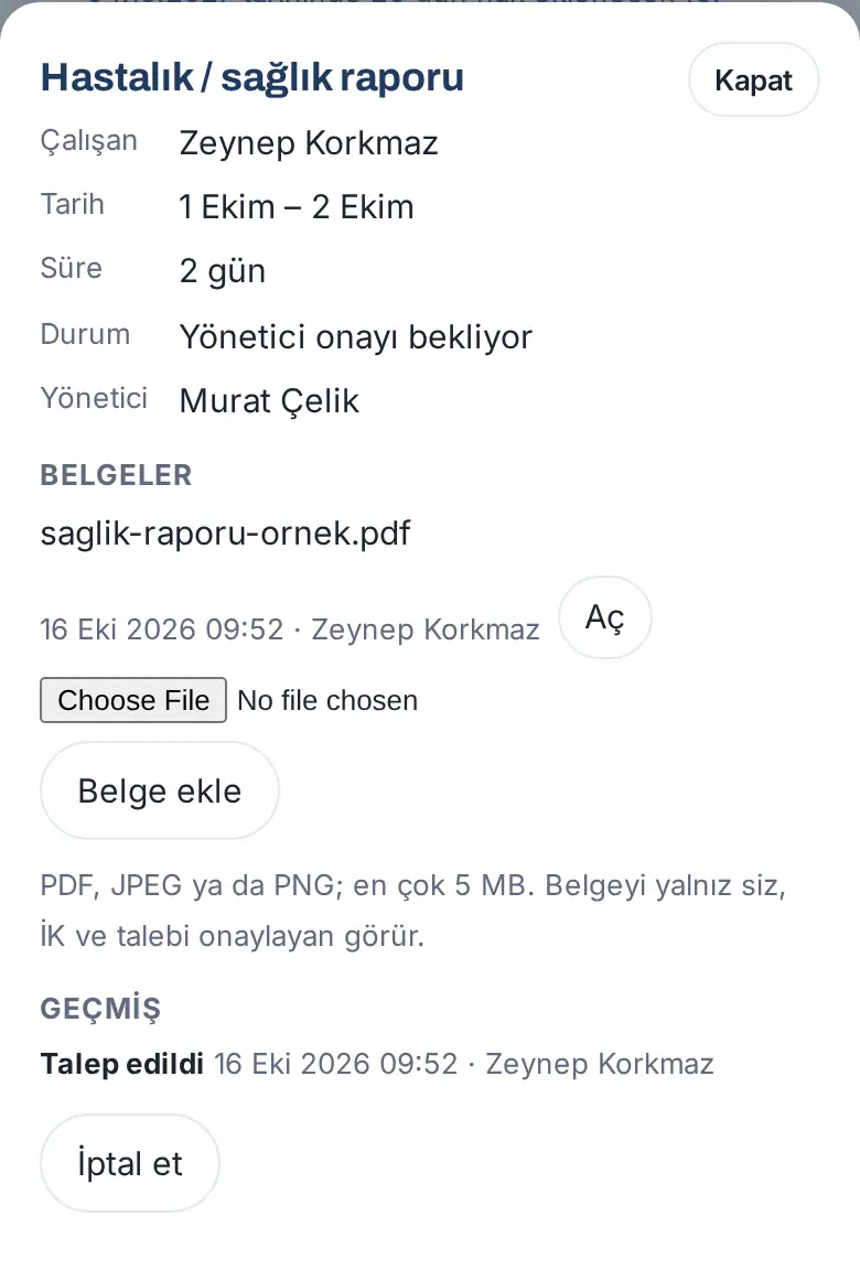 Talep ayrıntısında Belgeler: eklenen rapor, Aç ve Belge ekle
