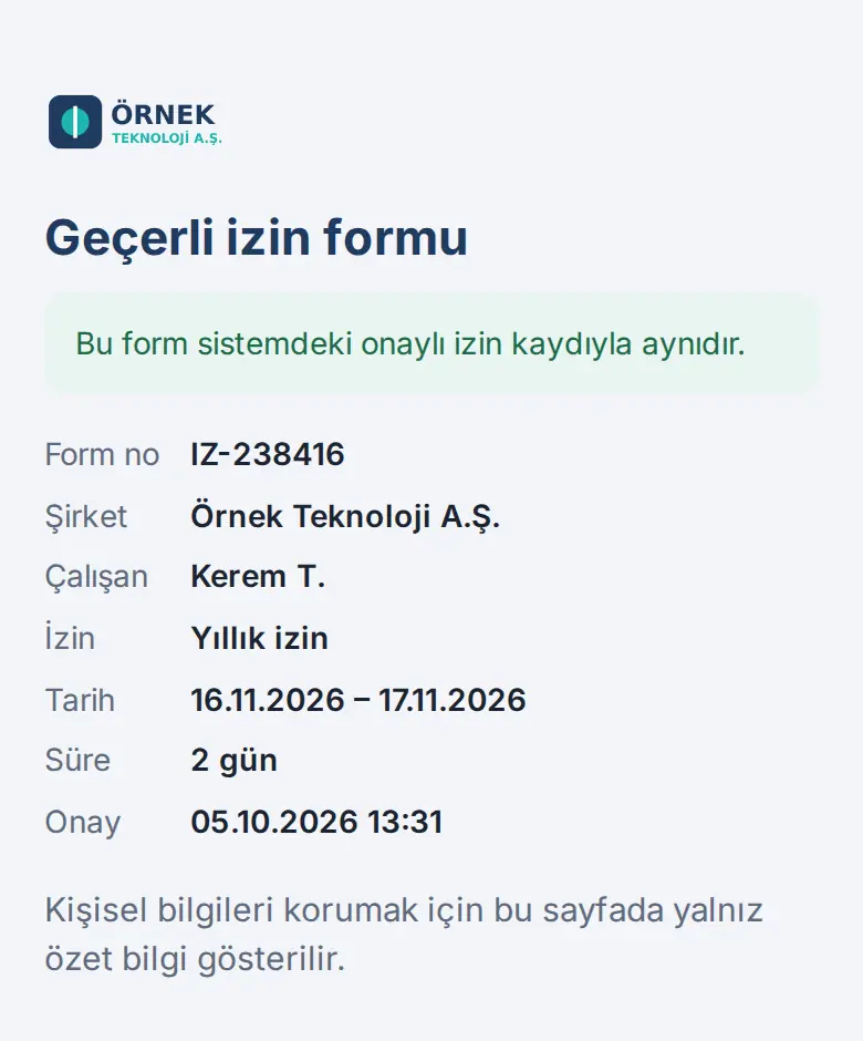 Doğrulama sayfası: Geçerli izin formu ve özet bilgiler