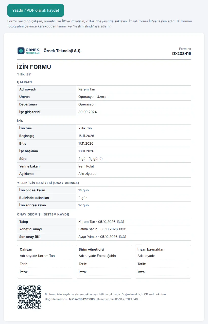 İzin formu: çalışan, izin, onay anındaki bakiye, onay geçmişi, imza kutuları ve karekod