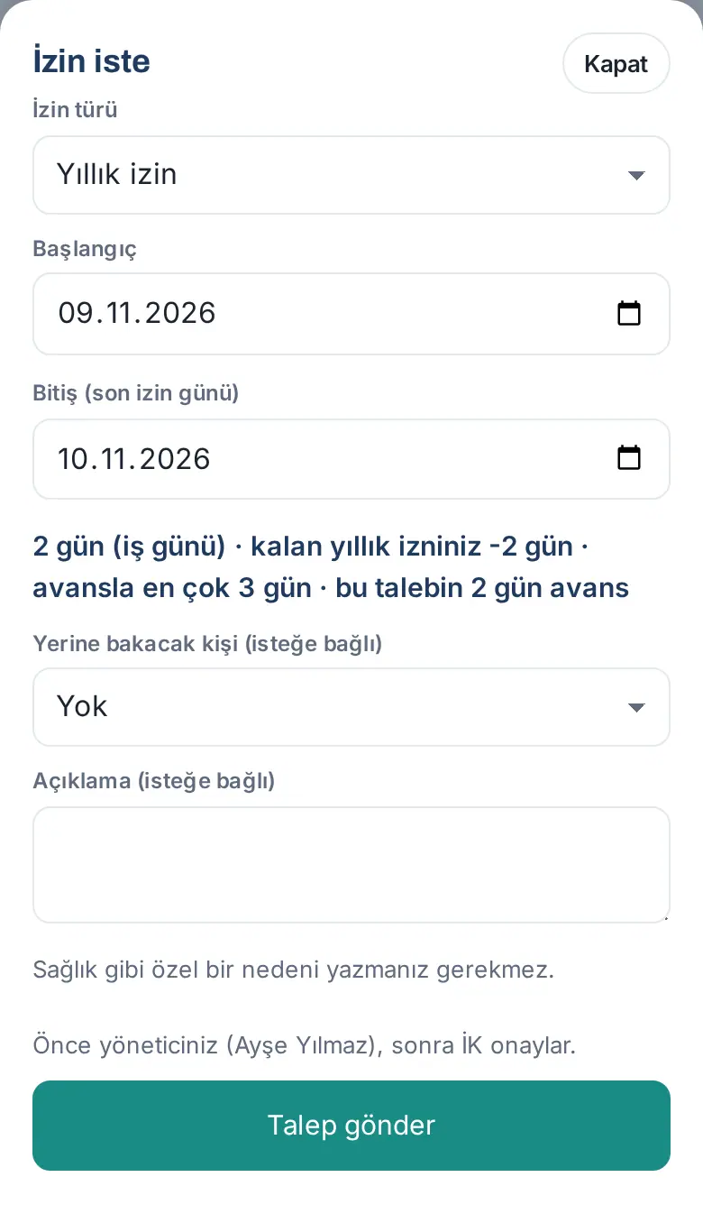 Avans izin: kalan izin yetmiyor, avansla en çok 3 gün, bu talebin 2 gün avans