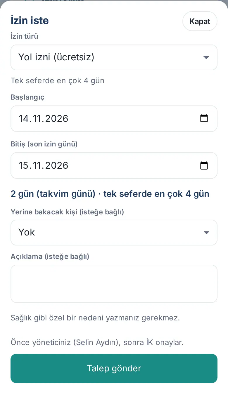 Yol izni (ücretsiz): tek seferde en çok 4 gün, takvim günüyle sayım