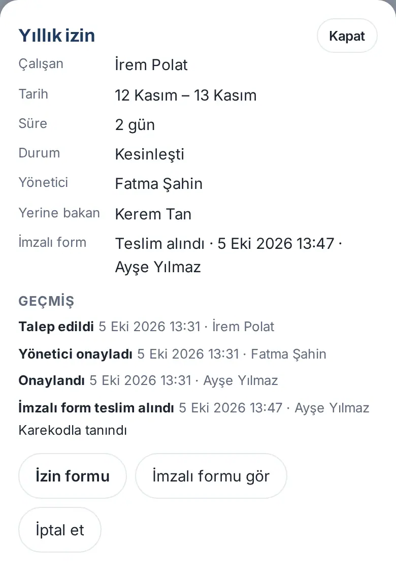 Kesinleşen izin: Teslim alındı, Geçmiş'te Karekodla tanındı ve İmzalı formu gör