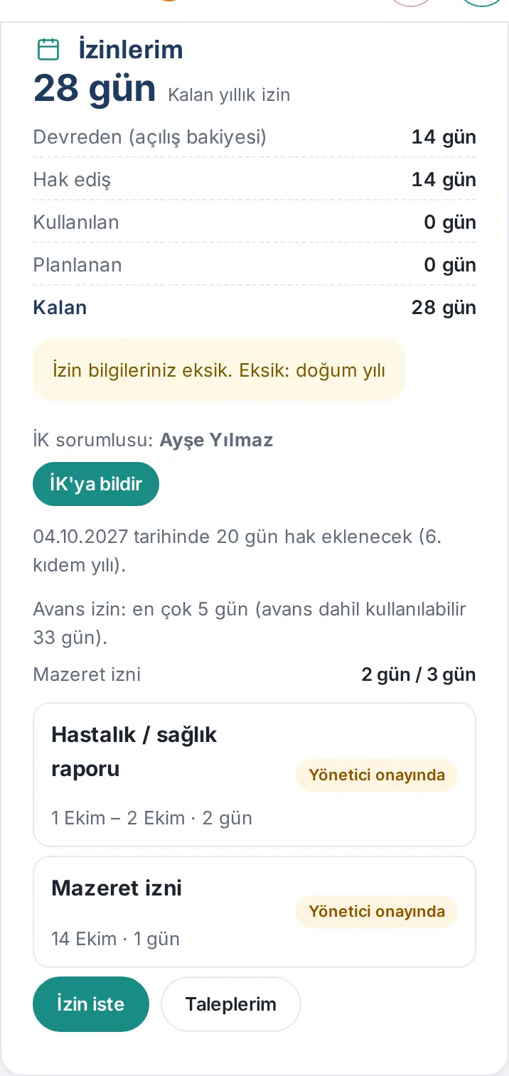İzinlerim kutusu: kalan yıllık izin, Devreden, Hak ediş, Kullanılan, Planlanan, Kalan satırları, eksik bilgi uyarısı ve İK'ya bildir, sonraki hak tarihi, avans satırı, mazeret izni hakkı ve süren talepler