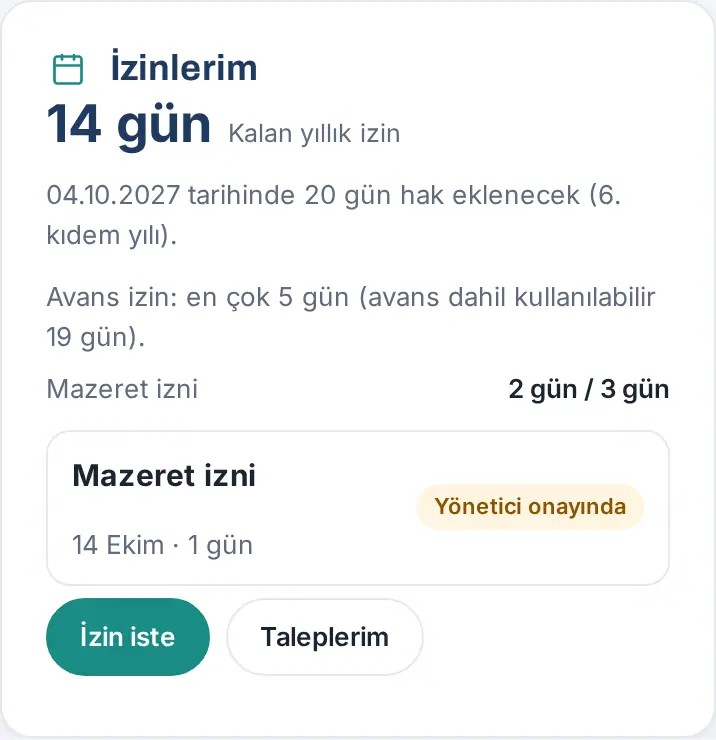 İzinlerim kutusu: kalan yıllık izin, sonraki hak tarihi, avans satırı, mazeret izni hakkı ve süren talep