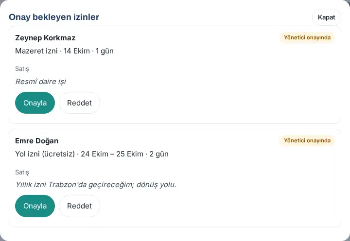 Onay bekleyen izinler: mazeret izni ve yol izni talepleri, Onayla ve Reddet