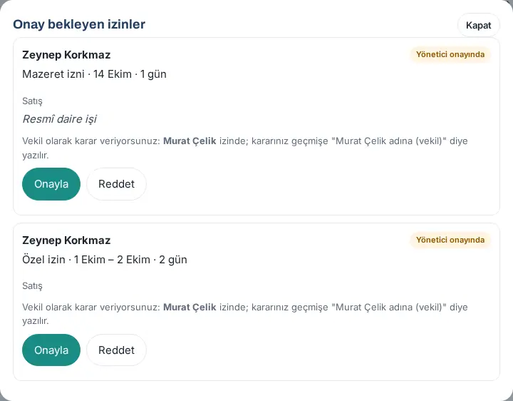 Vekil onayı: Vekil olarak karar veriyorsunuz notu, mazeret izni ve Özel izin kartları