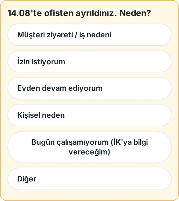 "Neden?" kartı: 14.08'te ofisten ayrıldınız. Neden? — Müşteri ziyareti / iş nedeni, İzin istiyorum, Evden devam ediyorum, Kişisel neden, Bugün çalışamıyorum (İK'ya bilgi vereceğim), Diğer