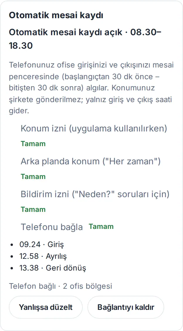 Otomatik mesai kaydı kartı kurulumdan sonra: dört adım Tamam, son olaylar (Giriş, Ayrılış, Geri dönüş), Telefon bağlı · 2 ofis bölgesi, Yanlışsa düzelt ve Bağlantıyı kaldır