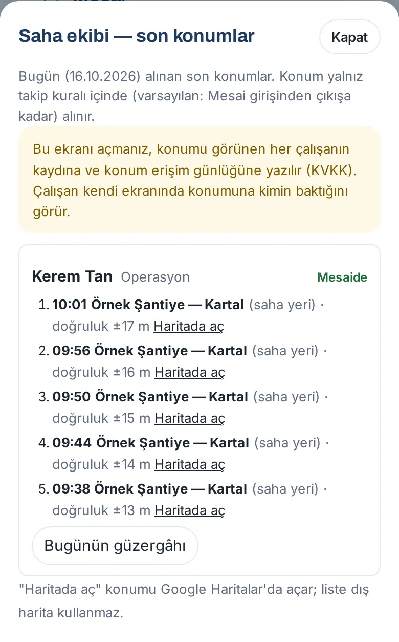 Saha ekibi — son konumlar: KVKK notu, Kerem Tan Mesaide, son konumlar ve Bugünün güzergâhı
