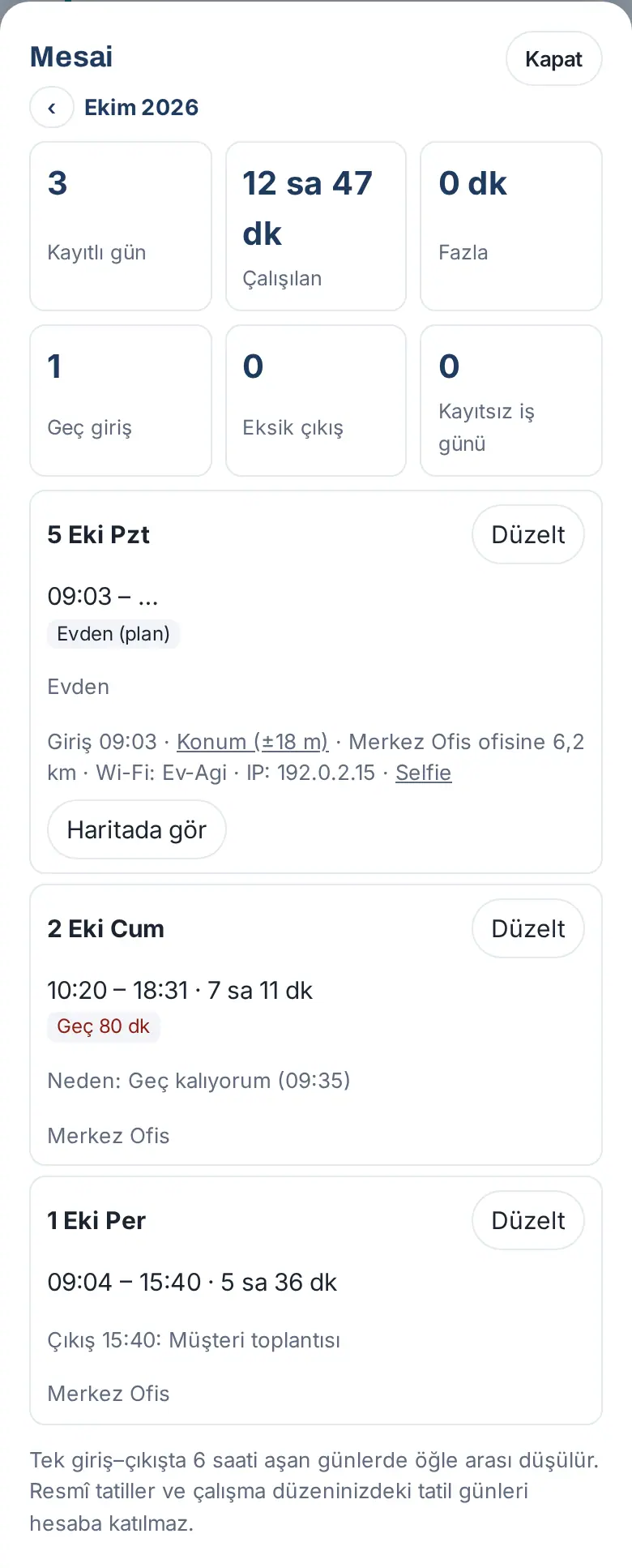 Bu ay: ay toplamları; evden giriş, geç giriş nedeni ve çıkış nedeni olan günler