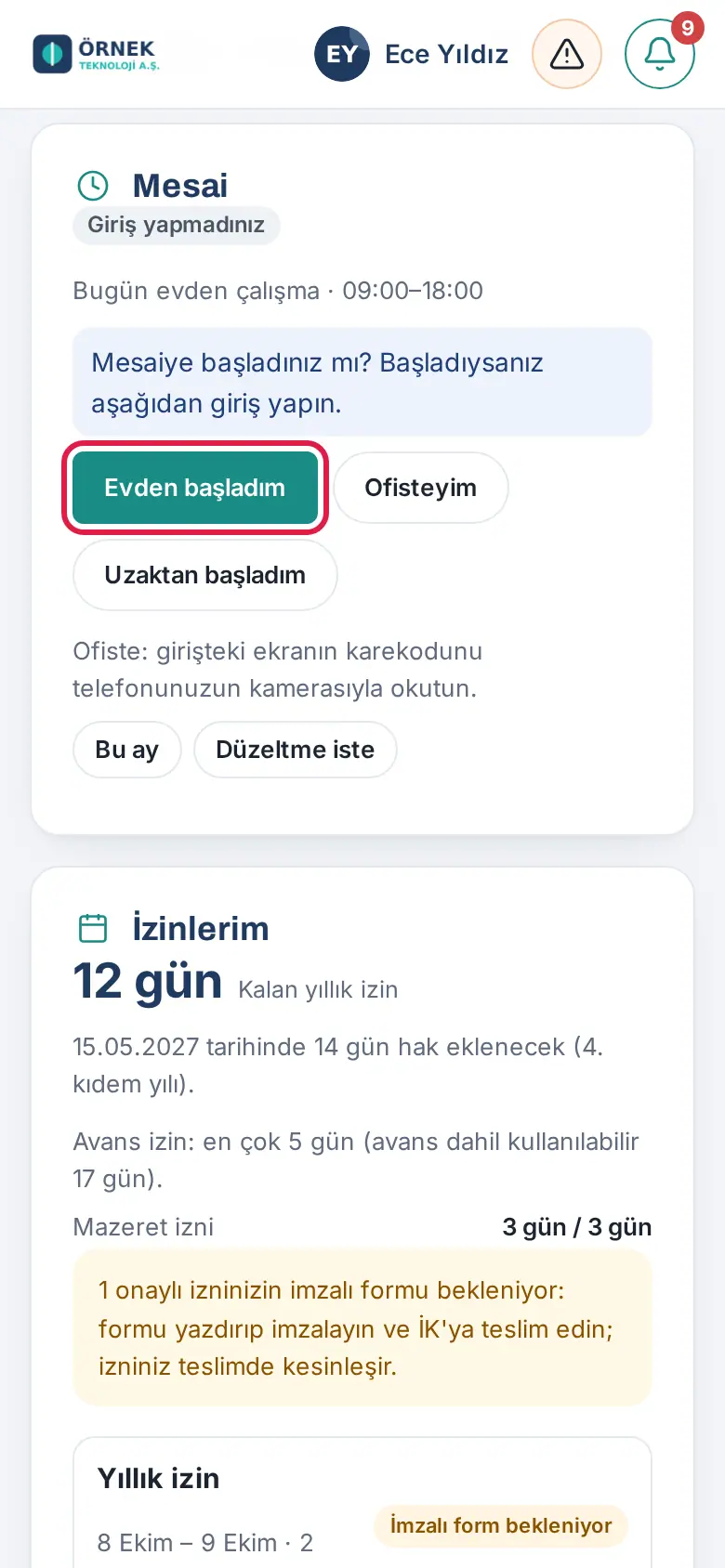 Evden başladım düğmesi