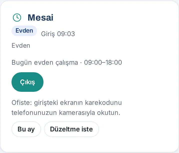 Evden giriş yapıldıktan sonra Mesai kutusu: Evden, Giriş 09:03 ve Çıkış