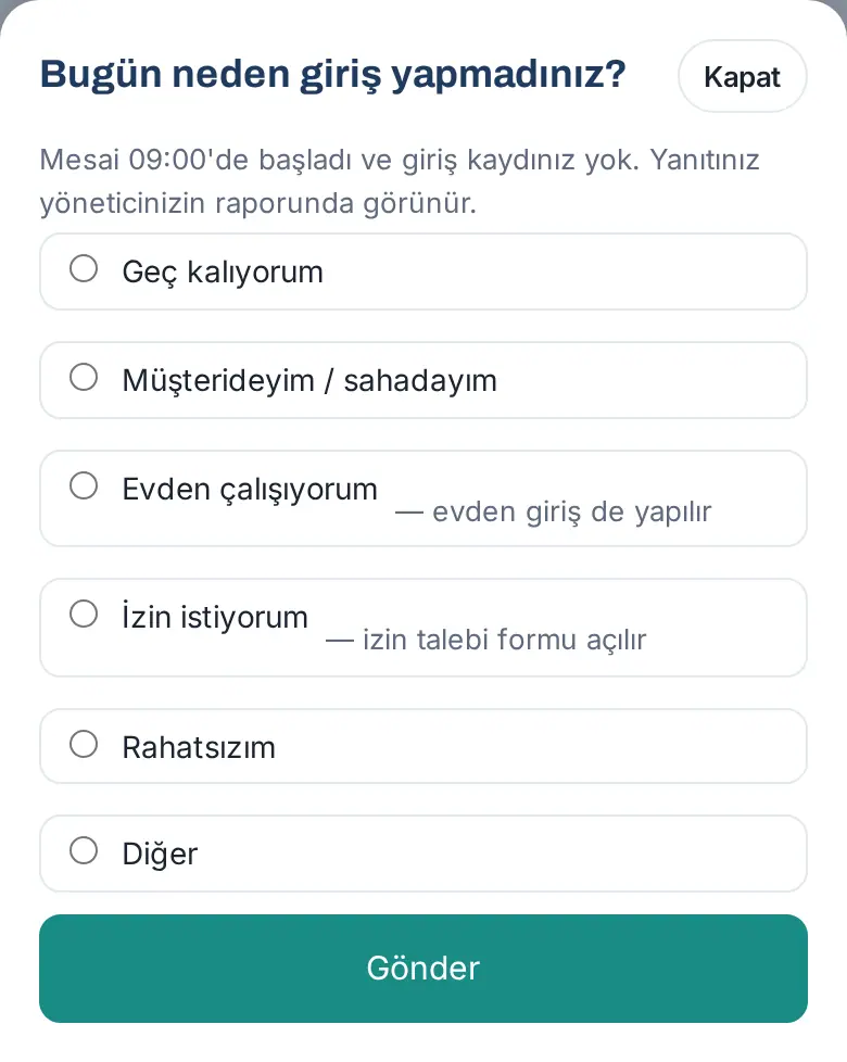 Bugün neden giriş yapmadınız? penceresi ve nedenler