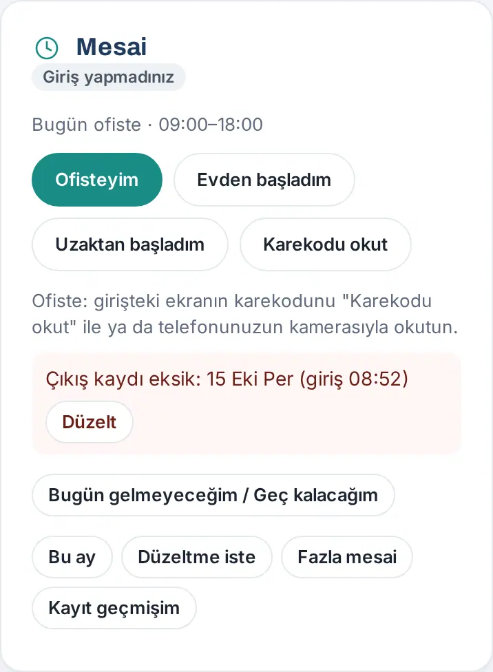 Prozence uygulamasında Mesai kutusu: Karekodu okut düğmesi