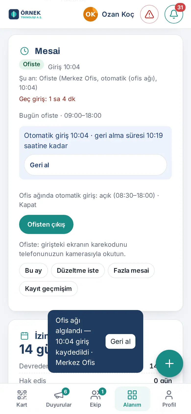 Otomatik giriş: Ofiste, otomatik (ofis ağı), Geri al satırı, Ofis ağında otomatik giriş: açık · Kapat ve alttaki Ofis ağı algılandı bildirimi