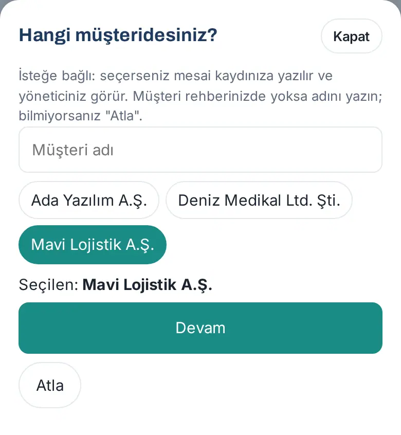 Hangi müşteridesiniz? penceresi: müşteri arama, firmalar, Seçilen: Mavi Lojistik A.Ş., Devam ve Atla