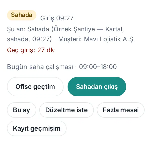 Sahada girişi yapılmış Mesai kutusu: Şu an: Sahada, müşteri, Ofise geçtim ve Sahadan çıkış