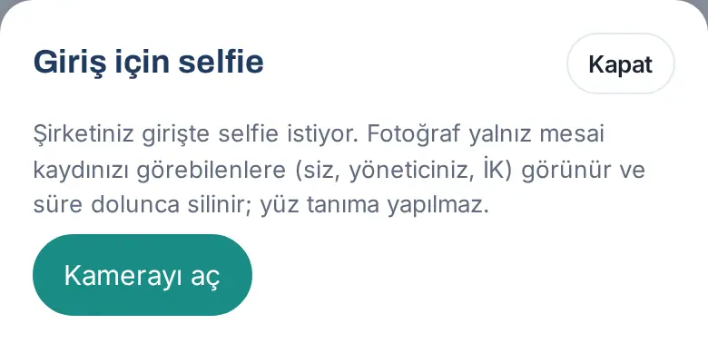 Giriş için selfie penceresi: açıklama ve Kamerayı aç
