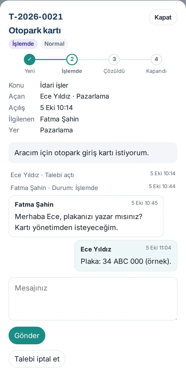 İşlemdeki talep: durum çubuğu, Konu / Açan / İlgilenen satırları, İlk yanıt süresi ve yazışma
