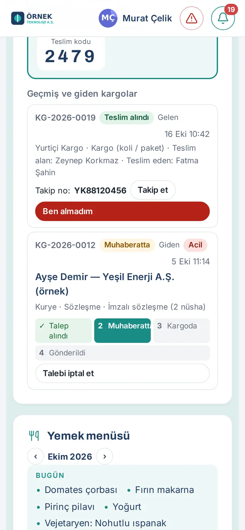 Geçmiş ve giden kargolar: başkası tarafından teslim alınan gönderi, Teslim alan ve Teslim eden, Ben almadım düğmesi