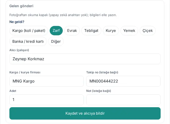 Gelen gönderi formu, yapay zekâ anahtarı yokken: "Fotoğraftan okuma kapalı" iletisi, tür düğmeleri ve elle doldurulan alanlar