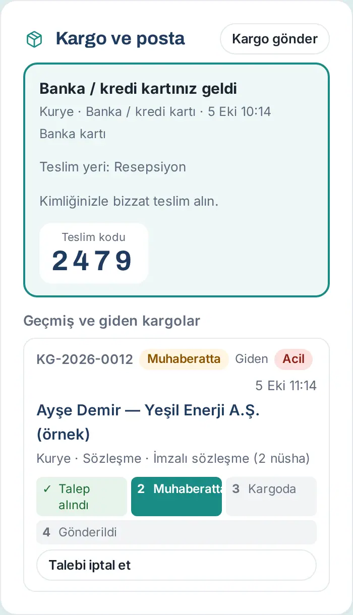 Kargo ve posta: Banka / kredi kartınız geldi kartı; altta Muhaberatta durumundaki acil kurye gönderisi, dört adım çubuğu ve Talebi iptal et