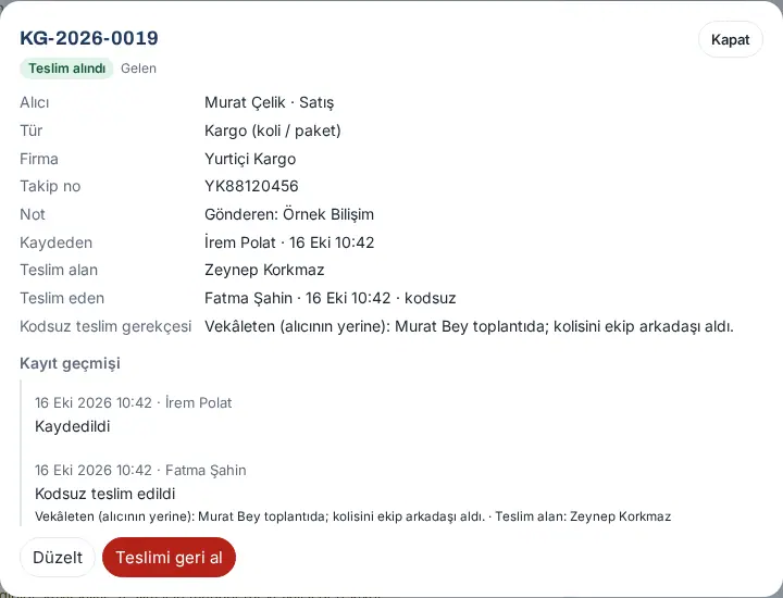 Gönderi ayrıntısı: kodsuz teslim bilgileri, gerekçe, kayıt geçmişi, Düzelt ve Teslimi geri al