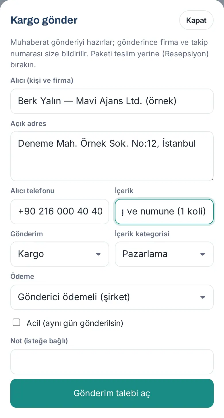 Kargo gönder penceresi: alıcı, adres, telefon, içerik, Gönderim, İçerik kategorisi, Ödeme ve Acil