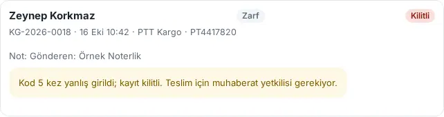 Kilitli gönderi (muhaberat sorumlusu görünümü): Kilitli rozeti ve "Kod 5 kez yanlış girildi" uyarısı