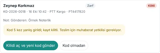 Kilitli gönderi (muhaberat yetkilisi görünümü): Kilidi aç ve yeni kod gönder ile Kod olmadan