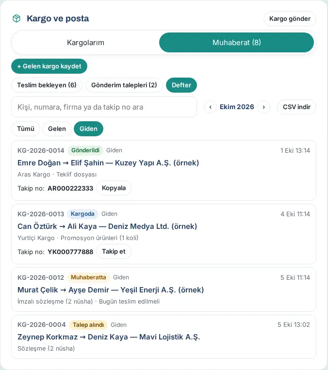 Muhaberat defteri: Ekim ayı, Giden süzgeci; gönderen → alıcı, firma, takip no ve durumlar