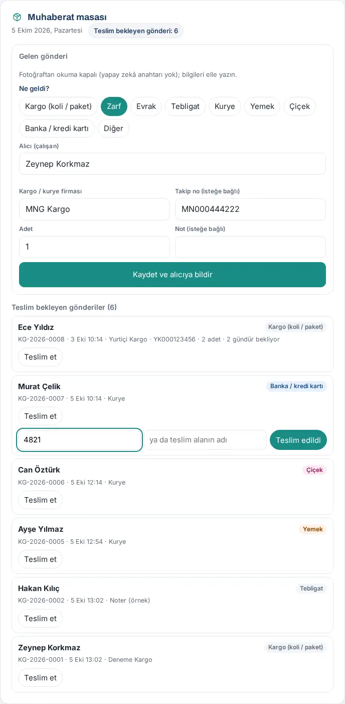 Muhaberat masası: Gelen gönderi formu (Zarf seçili, alıcı, firma, takip no) ve teslim bekleyen gönderiler; bir gönderide teslim kodu girilmiş