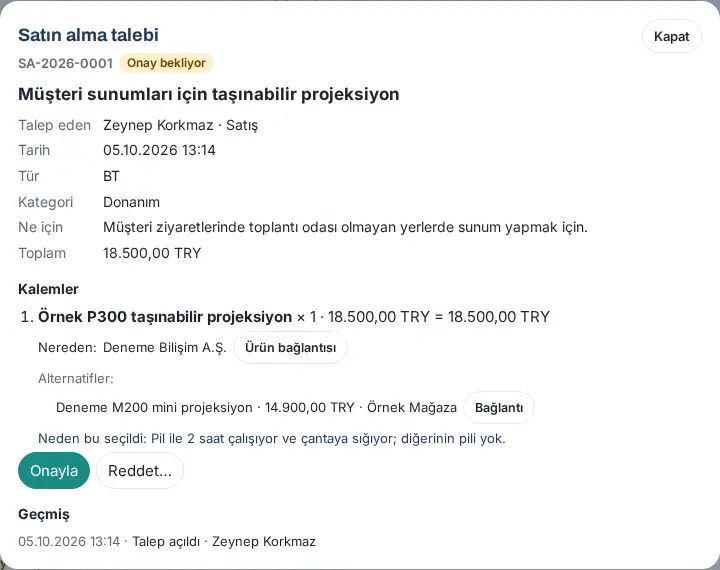 Satın alma talebi ayrıntısı: talep eden, Ne için, toplam, kalem, alternatif, Neden bu seçildi; Onayla ve Reddet… düğmeleri