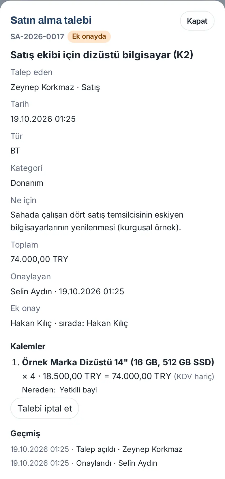 Talep ayrıntısı: Ek onayda rozeti, Onaylayan, Ek onay (sırada) satırı, kalem ve Geçmiş