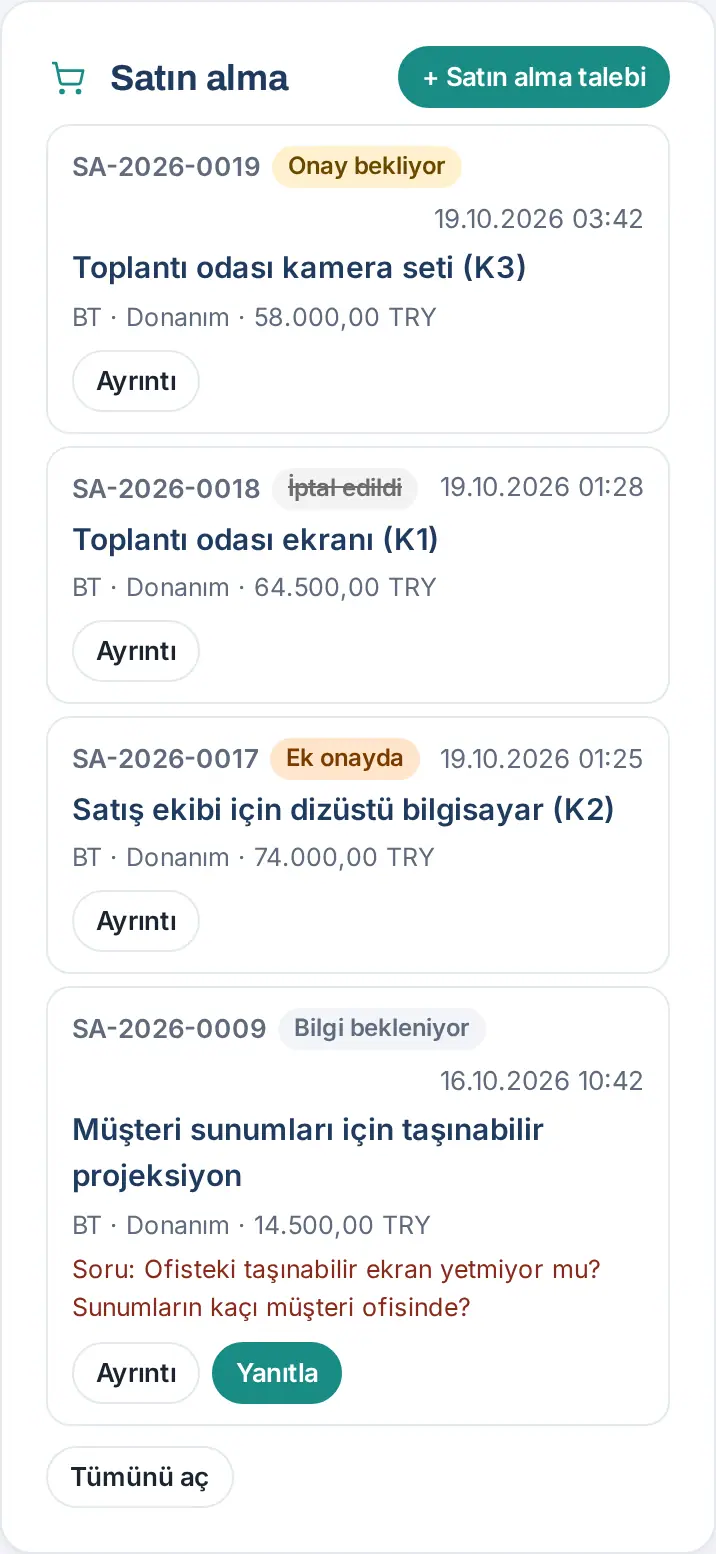 Satın alma kutusu: turuncu Ek onayda rozetli SA-2026-0017 talebi (BT · Donanım · 74.000,00 TRY) ve Onay bekliyor durumundaki talep