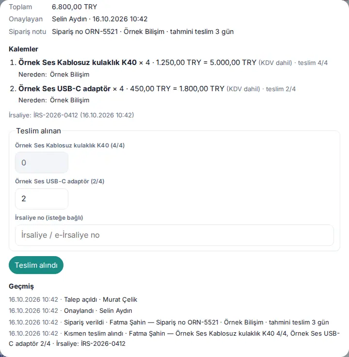 Kısmen teslim alınan talep: kalemlerde teslim 4/4 ve 2/4, İrsaliye satırı, kalan adet için Teslim alınan formu ve geçmiş