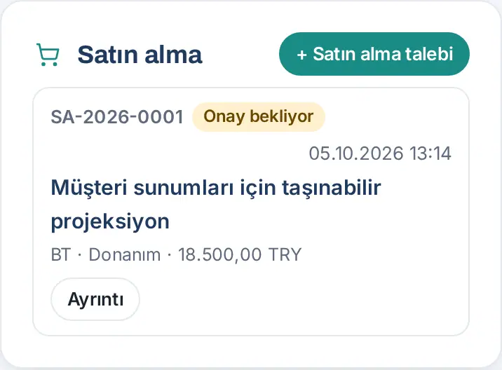 Satın alma kutusu: Onay bekliyor durumundaki talep, tür, kategori, tutar ve Ayrıntı düğmesi