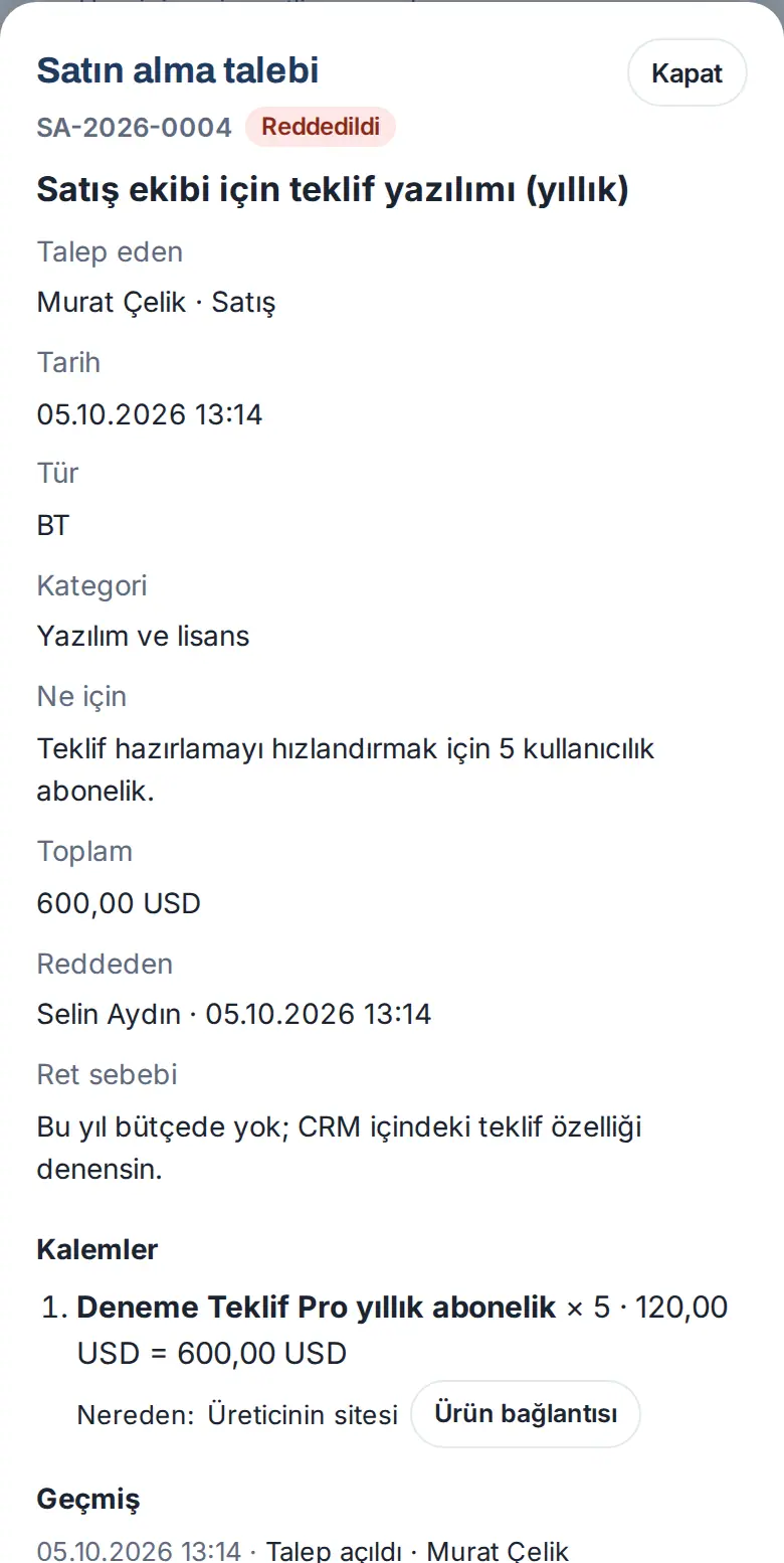 Reddedilen satın alma talebinin ayrıntısı: reddeden, ret sebebi, kalem ve geçmiş