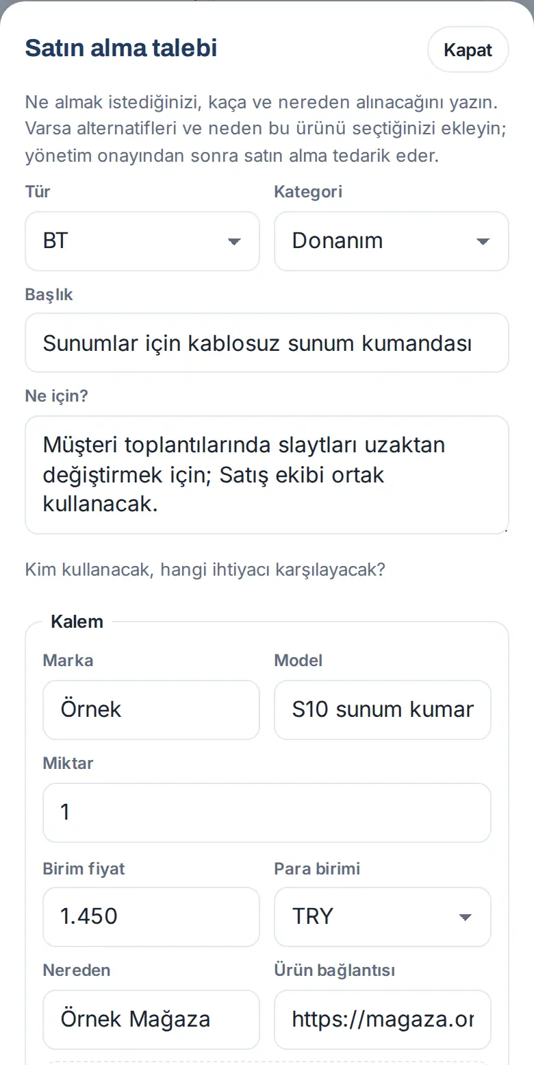 Satın alma talebi penceresi: Tür, Kategori, Başlık, Ne için? ve kalem alanları