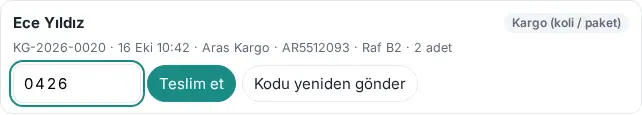 Teslim bekleyen bir gönderide teslim kodu kutusu, Teslim et ve Kodu yeniden gönder