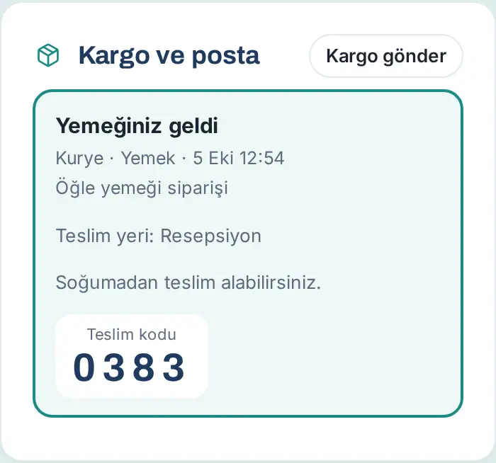 Yemeğiniz geldi kartı: firma, tür, not, teslim yeri, "Soğumadan teslim alabilirsiniz." ve teslim kodu