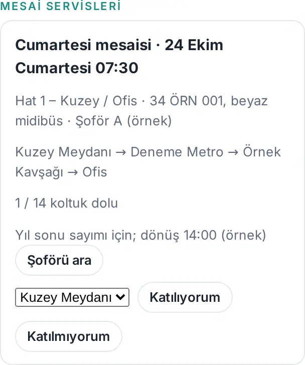 Mesai servisleri: sefer bilgisi, duraklar, doluluk, durak seçimi, Katılıyorum ve Katılmıyorum