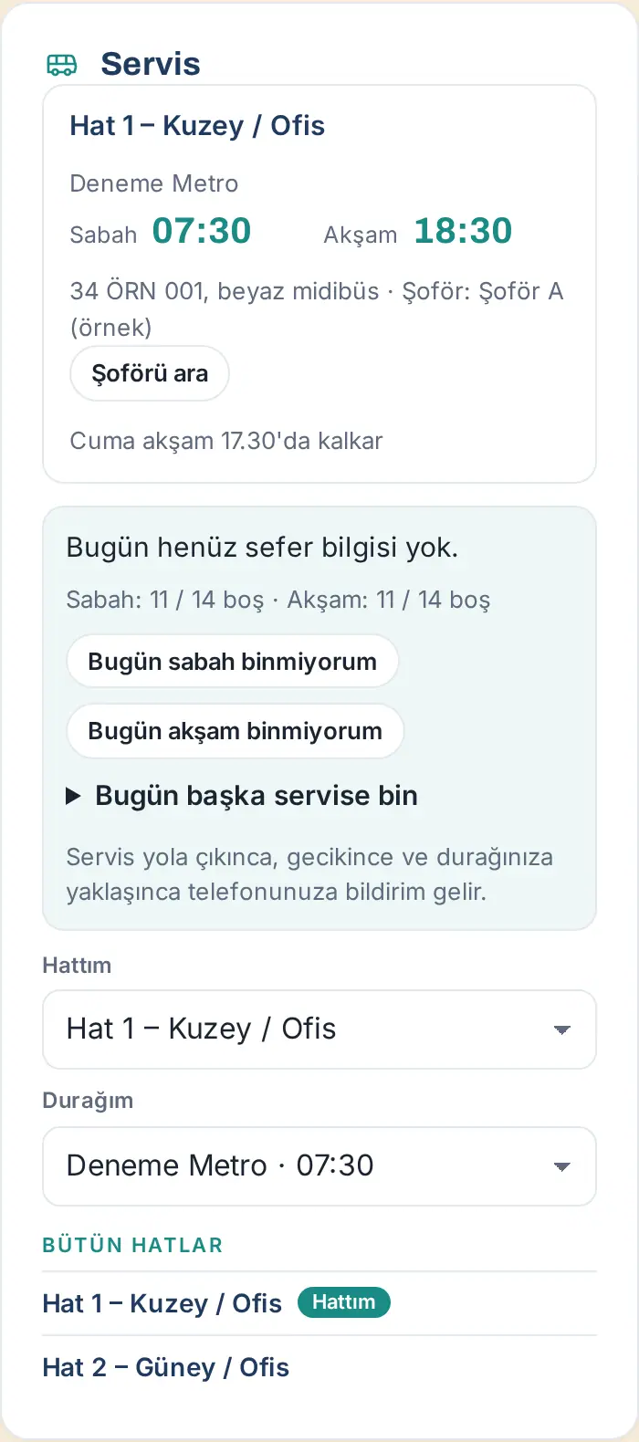 Servis kutusu: hat, durak saatleri, araç ve şoför, bugünkü sefer, Hattım ve Durağım