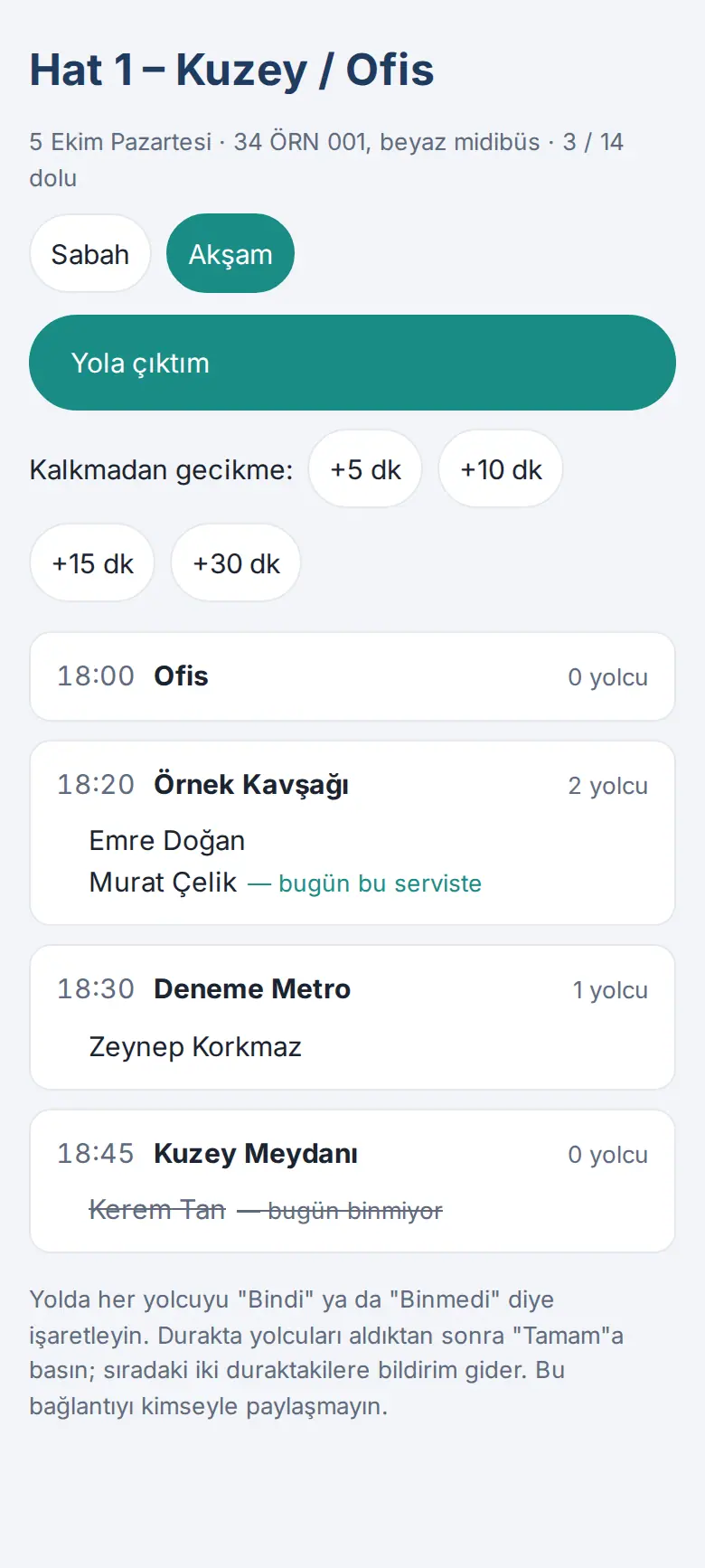 Şoför ekranı: sefer seçimi, duraklar ve yolcular
