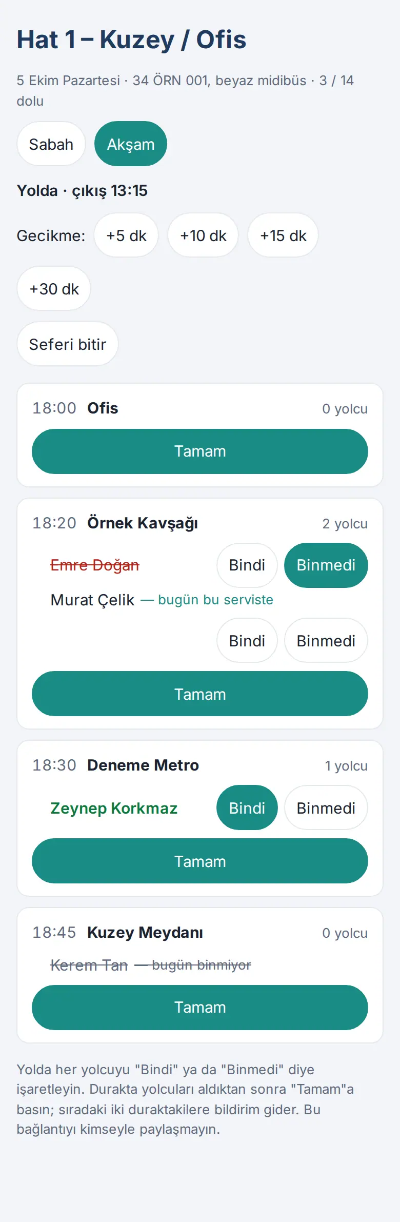 Yoldaki sefer: Gecikme düğmeleri, Seferi bitir, yolcular için Bindi / Binmedi ve durakların Tamam düğmesi