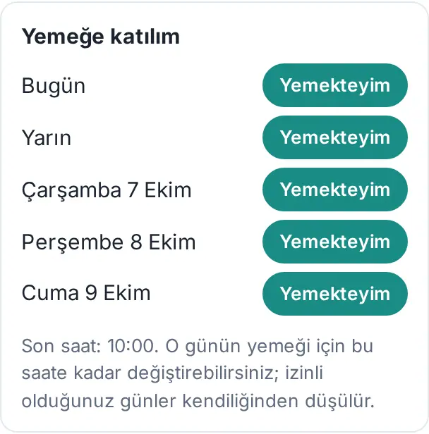 Yemeğe katılım: önümüzdeki günler, Yemekteyim düğmeleri ve son saat notu