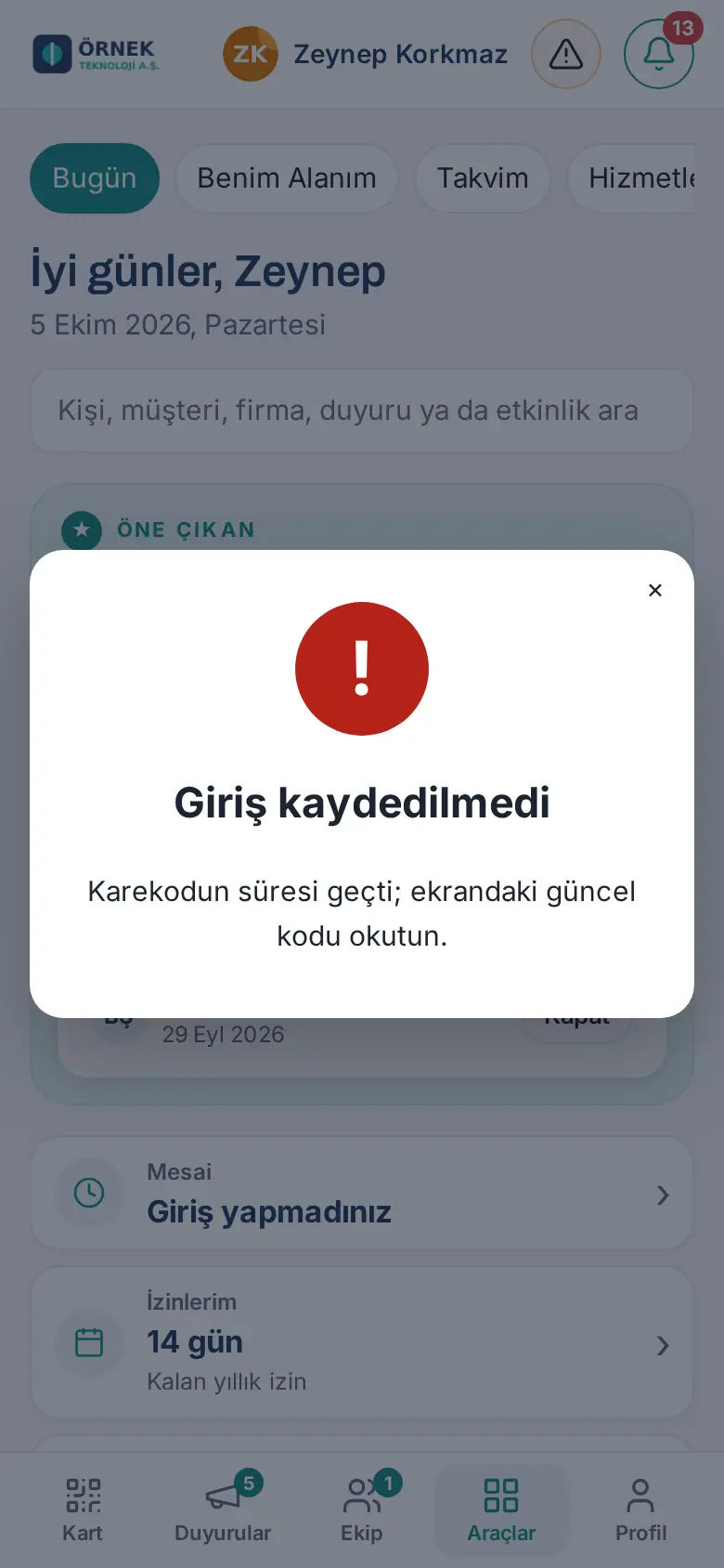 Giriş kaydedilmedi penceresi: karekodun süresi geçti