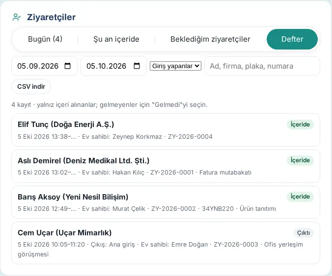 Defter: tarih aralığı, durum süzgeci, CSV indir ve kayıtlar