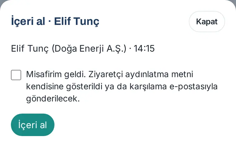 İçeri al penceresi: aydınlatma onayı ve İçeri al düğmesi